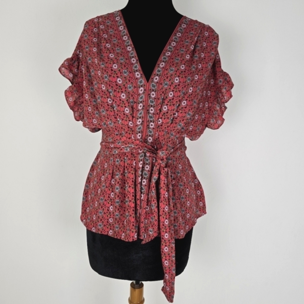 Max Studio Printed smocked waist, tie waist ruffle sleeve blouse